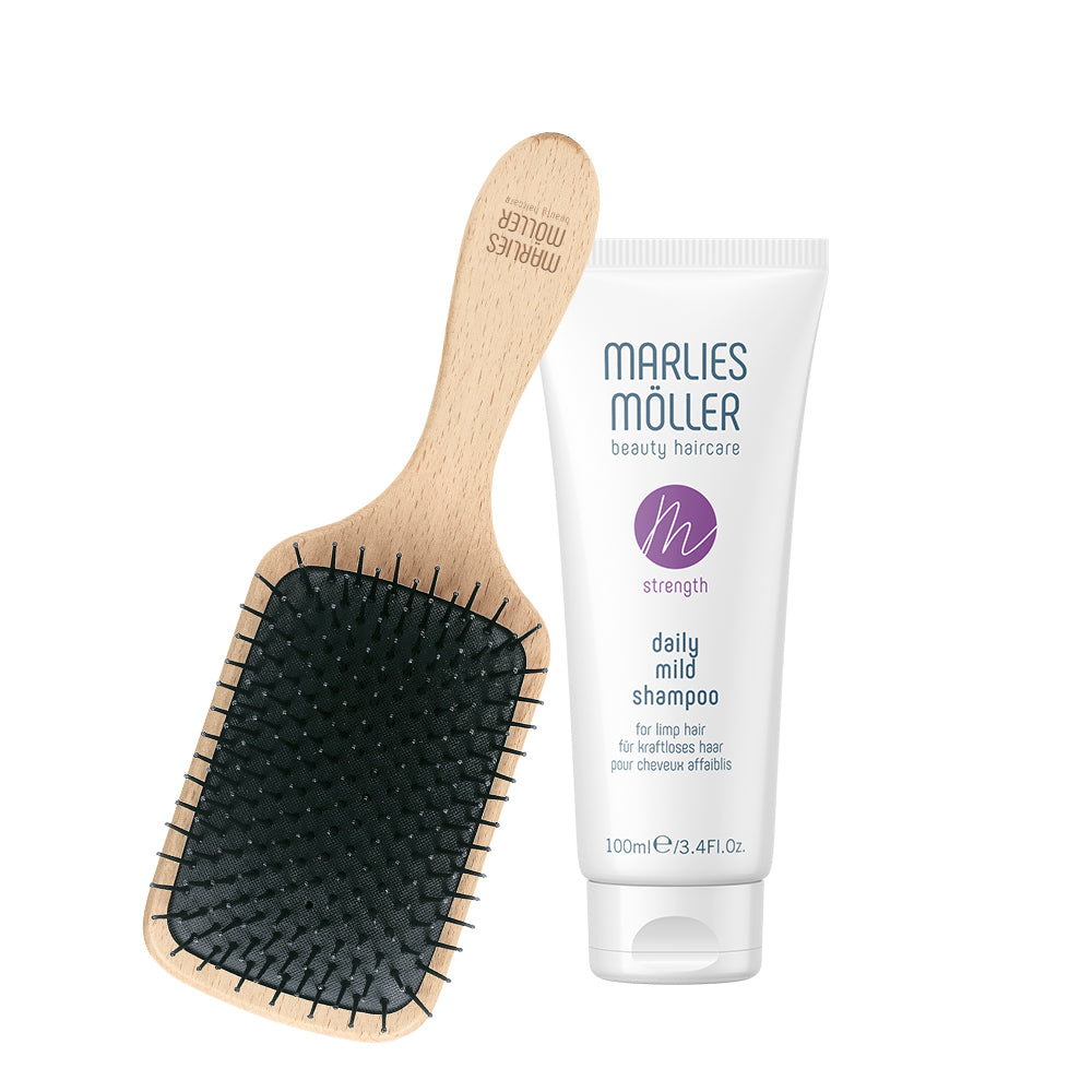 Set Marlies Moller: Marine Moisture, Scalp Brush + Daily Mild, Silicone Free, Hair Shampoo, Deep Cleansing, 100 ml - Olmarkt