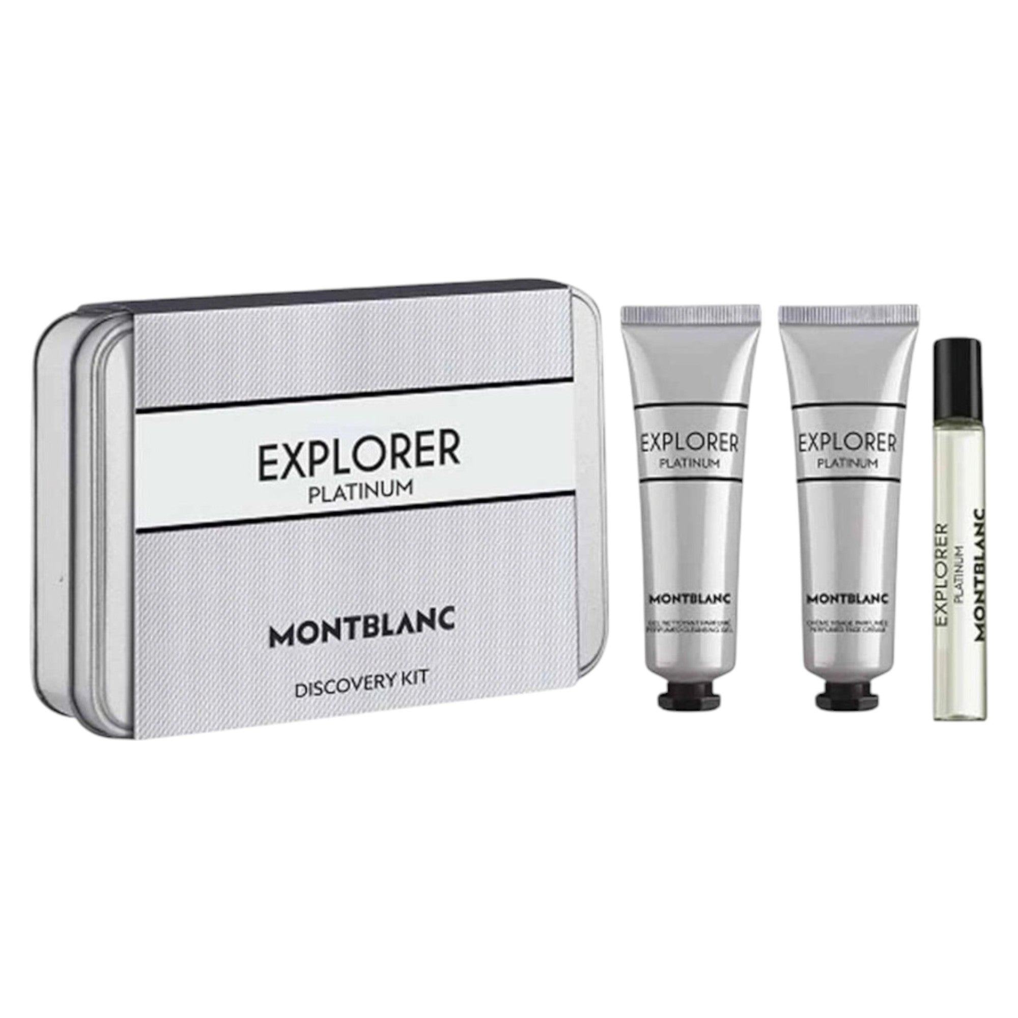 Set Montblanc: Explorer Platinum, Eau De Parfum, For Men, 7.5 ml + Explorer Platinum, Hydrating, Cream, For Face, 30 ml + Explorer Platinum, Hydrating, Shower Gel, All Skin Types, 30 ml