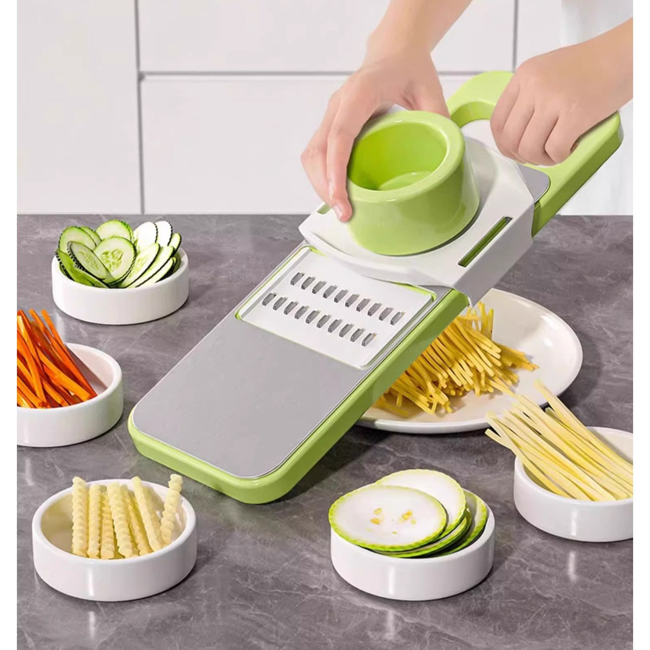 Set Multifunctional din 7 Piese, Flippy, pentru Taierea si Maruntirea Legumelor, Uz Casnic,din Otel Inoxidabil,