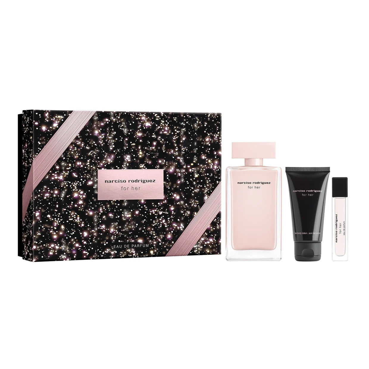 Set Narciso Rodriguez: For Her, Eau De Parfum, For Women, 100 ml + For Her, Hydrating, Body Lotion, 50 ml + For Her, Eau De Parfum, For Women, 10 ml - Olmarkt