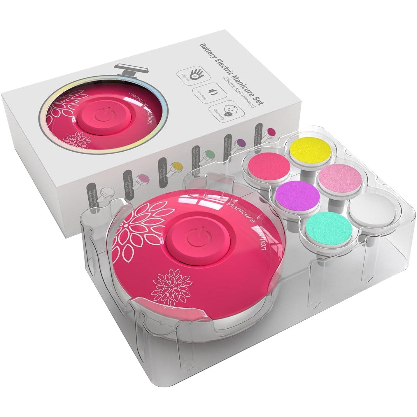 Set Pila Electrica pentru Copii si Bebelusi, Flippy, ABS, Incarcare USB, Model cu Flori, 6 Accesorii, cu Lumina LED,