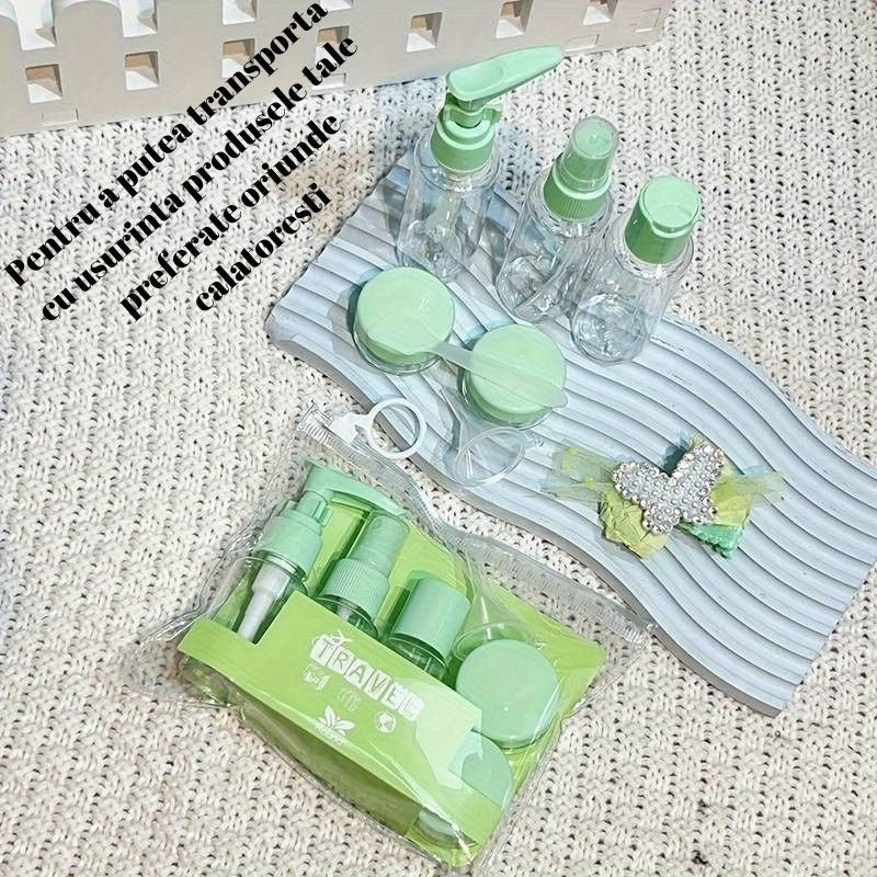 Set Recipiente pentru Cosmetice, Flippy, 5 Piese, cu Gentuta, pentru Calatorii, Reutilizabile, Verde, Material Plastic,