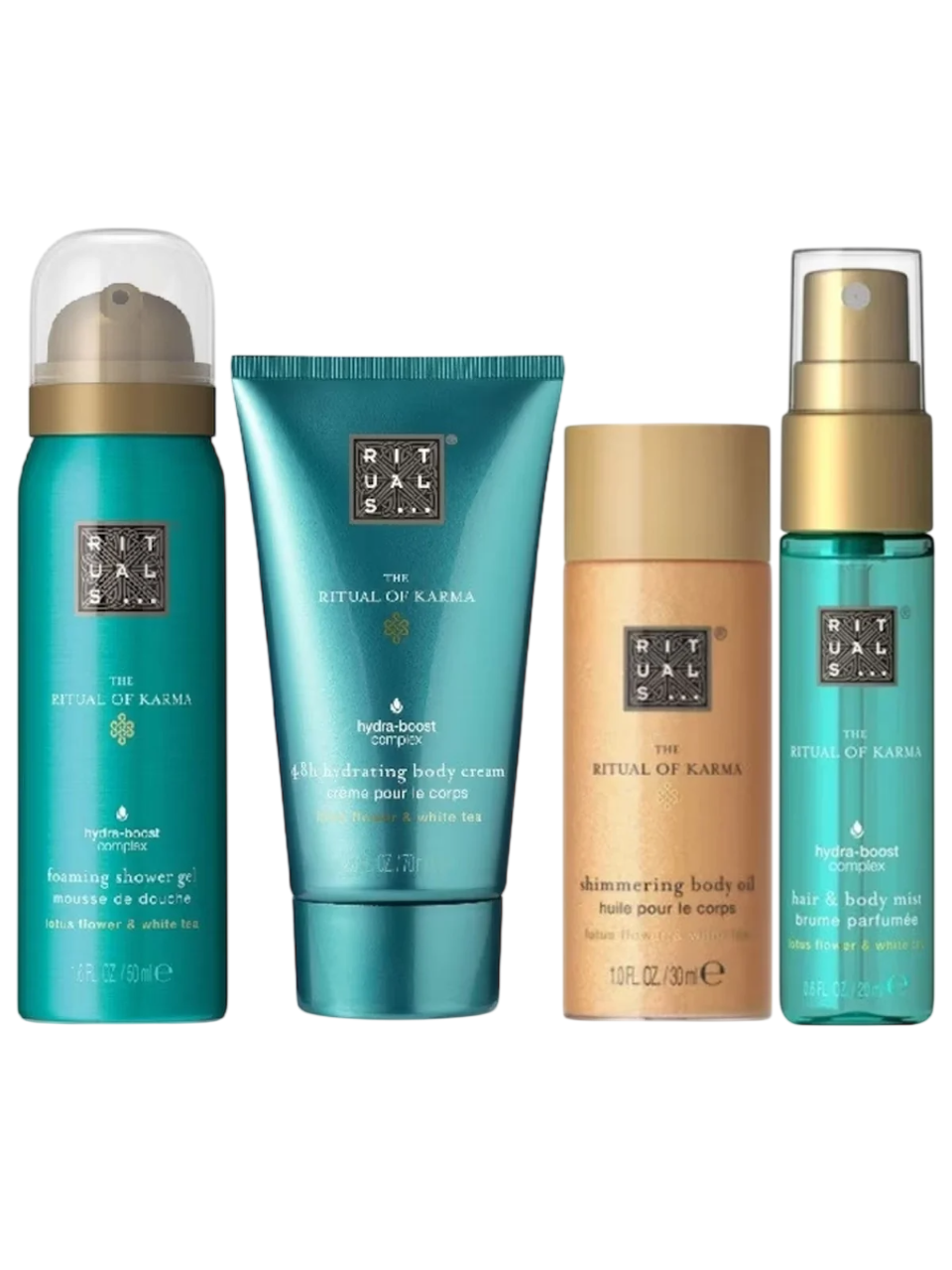 Set Rituals: The Ritual Of Karma, Shower Mousse, 50 ml + The Ritual Of Karma, Shimmer, Body Oil, 30 ml + The Ritual Of Karma, Hydrating, Body Cream, 70 ml + The Ritual Of Karma, Hair Scented Mist, For Women, 20 ml