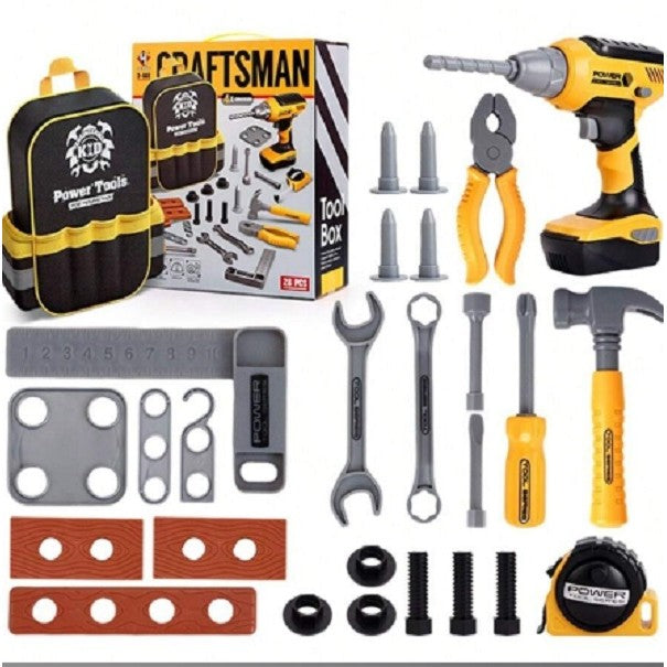 Set Scule de Jucarie pentru Copii, Flippy, Ghiozdan cu Bormasina si Accesorii Incluse, 28 Piese, Material Plastic