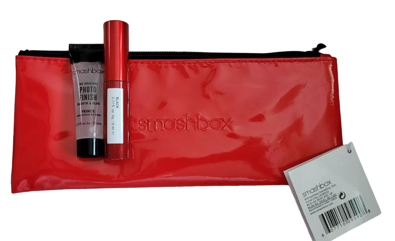 Deluxe Trial Size Set Smashbox: Super Fan, Volumizing, Mascara, Black, 5 ml + Photo Finish, Smoothing, Liquid Primer, 7.1 ml + Textile Makeup Bag, Red - Olmarkt