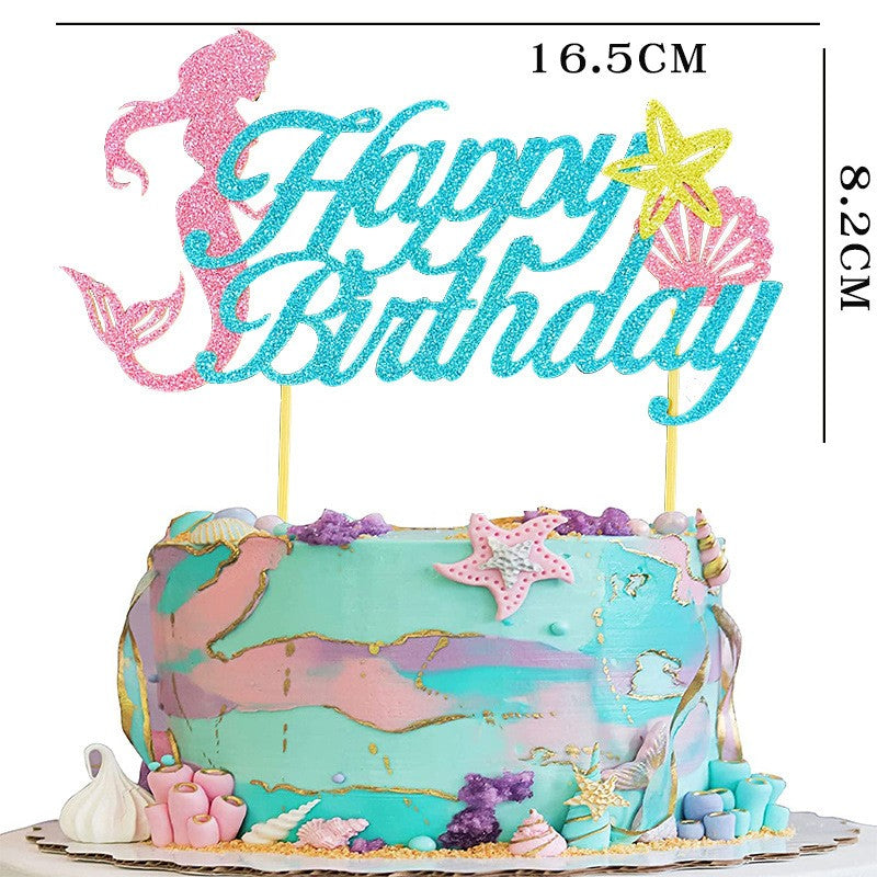 Set Toppere pentru Tort si Prajituri, Flippy, Tematica Sirena, Model Mare Scris Happy Birthday 16.5x8.2 cm, 6 Toppere