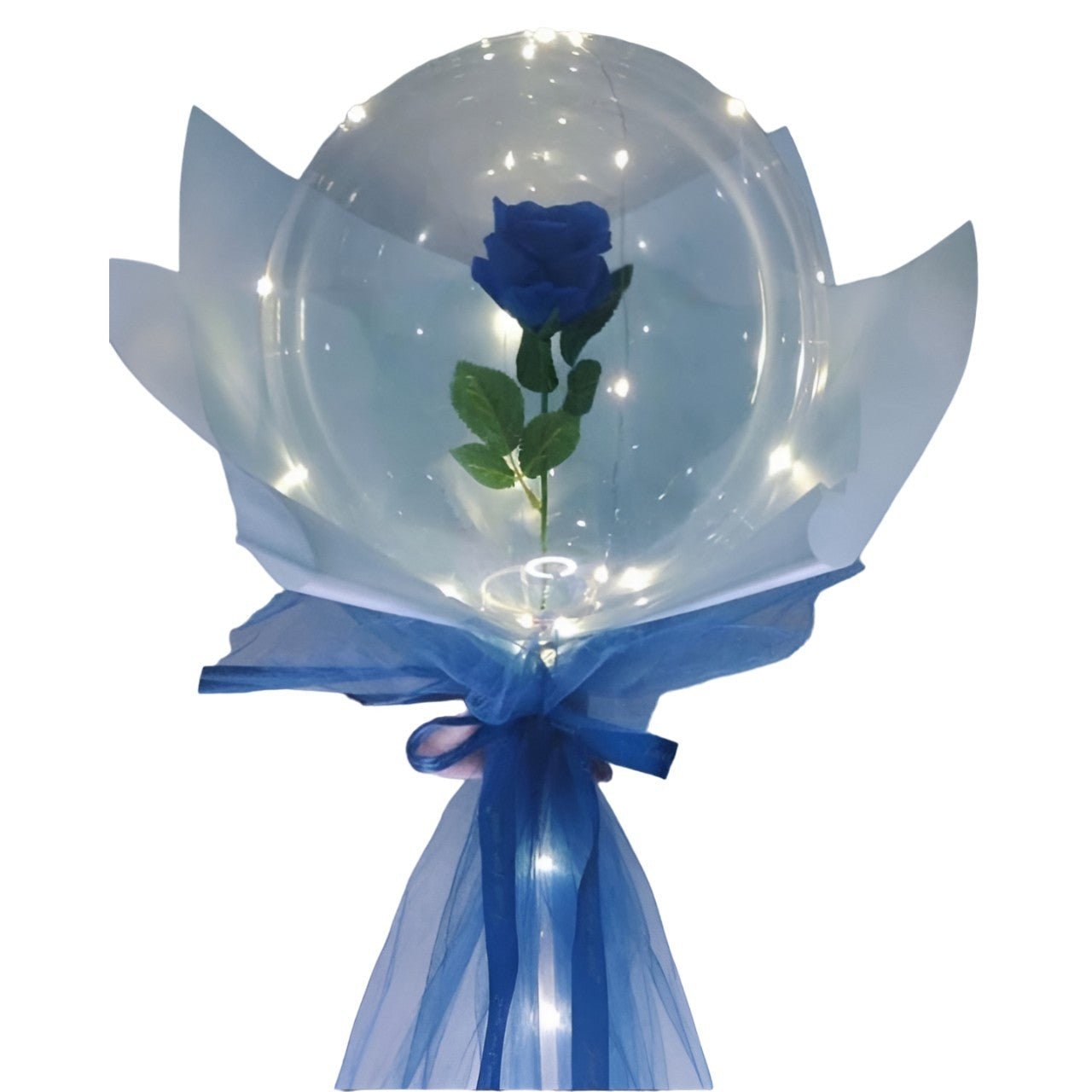 Set Trandafir in Balon LED cu Lumini, Flippy, Tip Buchet, Diametru 35 cm, Albastru