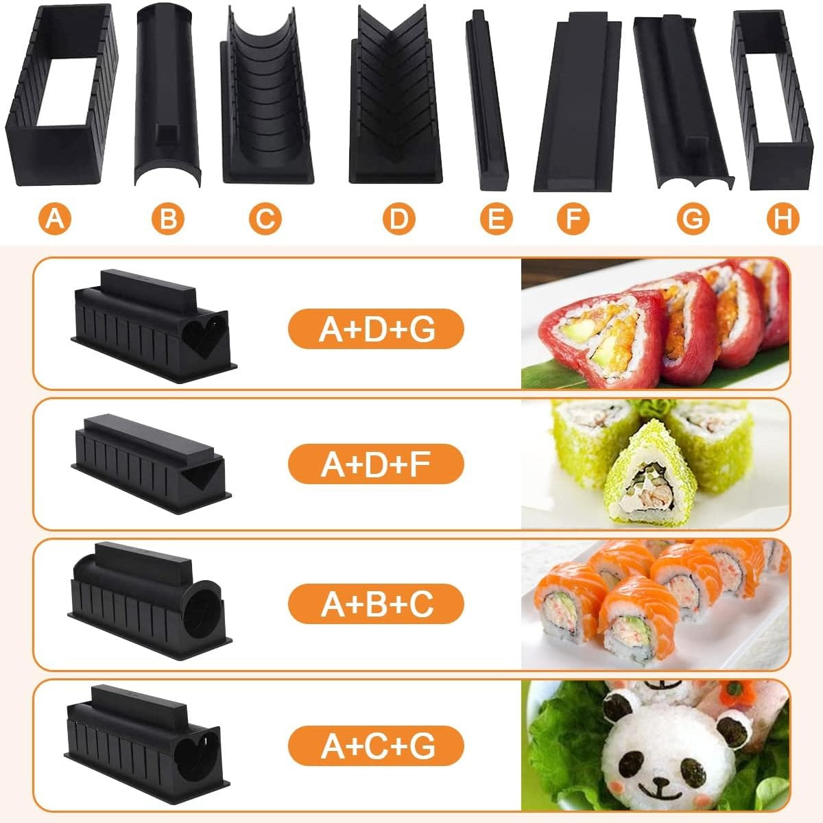 Set ustensile pentru facut sushi Flippy, 10 piese, forma inima inclus, 3 forme clasice, extensibil, finisaj lucios,
