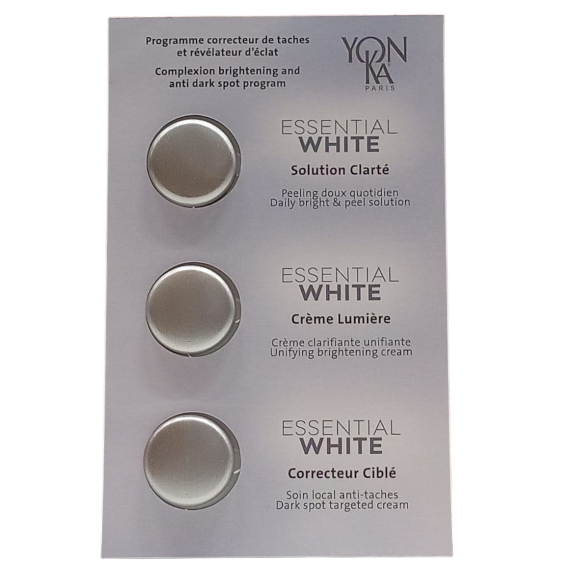 Set YonKa: Correcteur Cible, Anti Spot, Cream, For Face ml *Sample + Lumiere, Anti Spot, Day & Night, Cream, For Face, 1 ml *Sample + Essential White, Anti Spot, Day & Night, Cream, For Face, 0.5 ml *Sample - Olmarkt