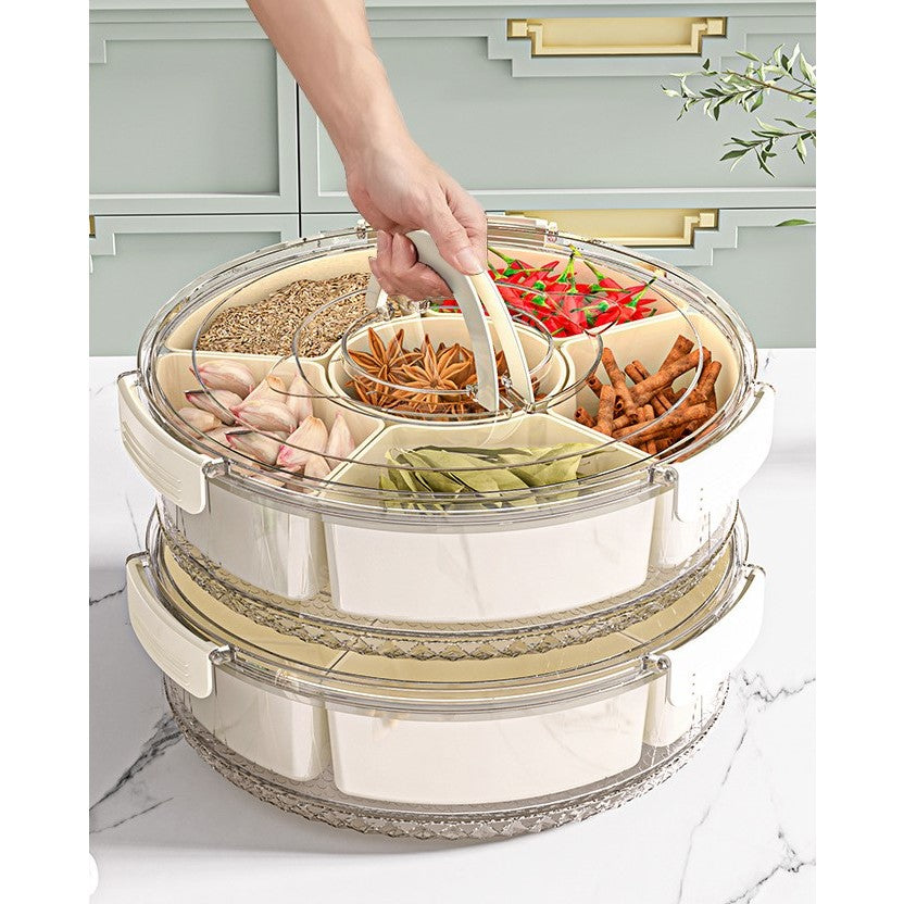 Cutie de Depozitare pentru Alimente, Flippy, cu 6 Compartimente, pentru Condimente, Fructe, Legume, cu Manere de