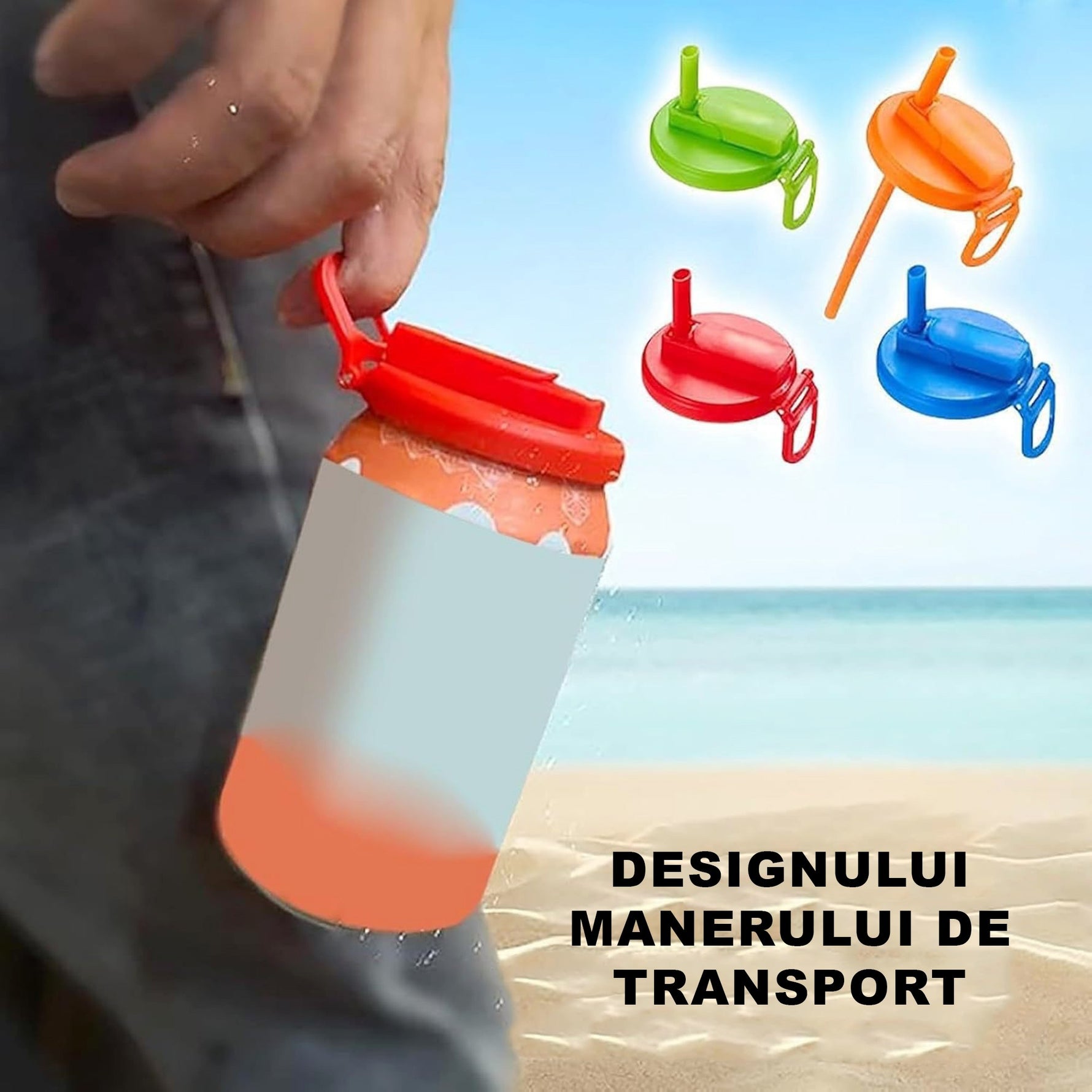 Capac Anti Varsare pentru Doze, Flippy, Model cu Pai Transparent, Reutilizabil, din Plastic, cu Maner Transportabil,
