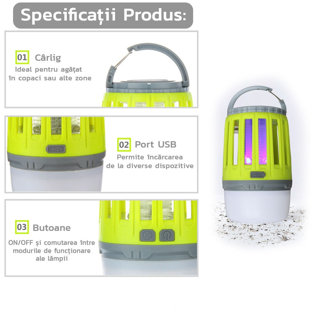 Lampă UV antiinsecte Flippy, anti muste, anti tantari, Conectare la priza prin USB, portabil, 3.7 V, 200 lumeni, 8.5 x