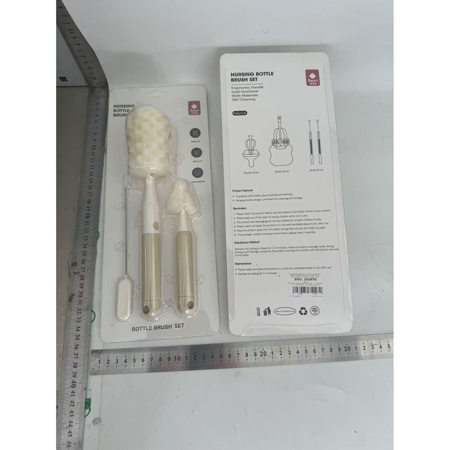 Set 3 Perii de Spalat Biberoane, Flippy, pentru Tetina, Biberon, Pai, Materiale Sigure, fara BPA, Curatare 360°, Bej