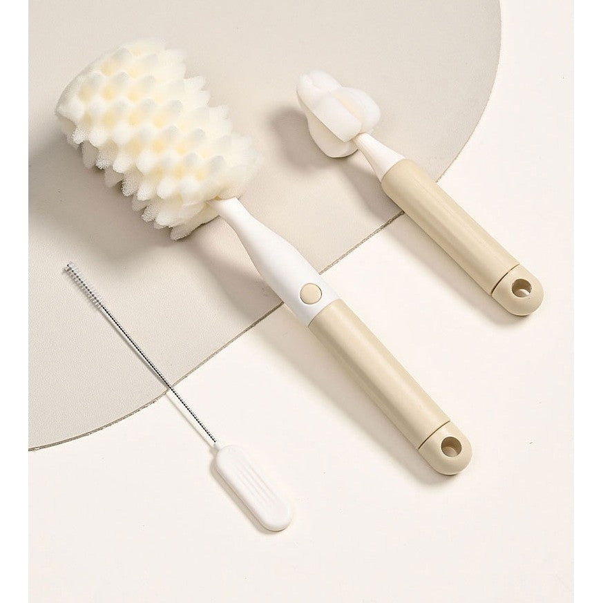 Set 3 Perii de Spalat Biberoane, Flippy, pentru Tetina, Biberon, Pai, Materiale Sigure, fara BPA, Curatare 360°, Bej