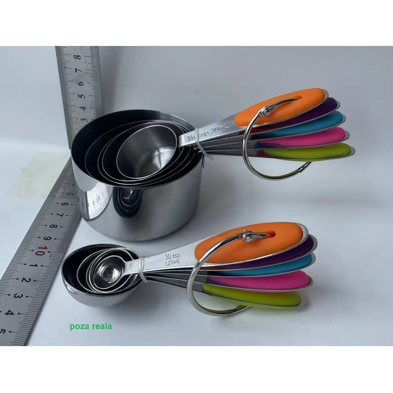 Set 10 Piese de Masurare, Flippy, 5 Linguri Gradate + 5 Cesti Gradate, Otel Inoxidabil + Silicon, 19 x 8 x 9 cm,