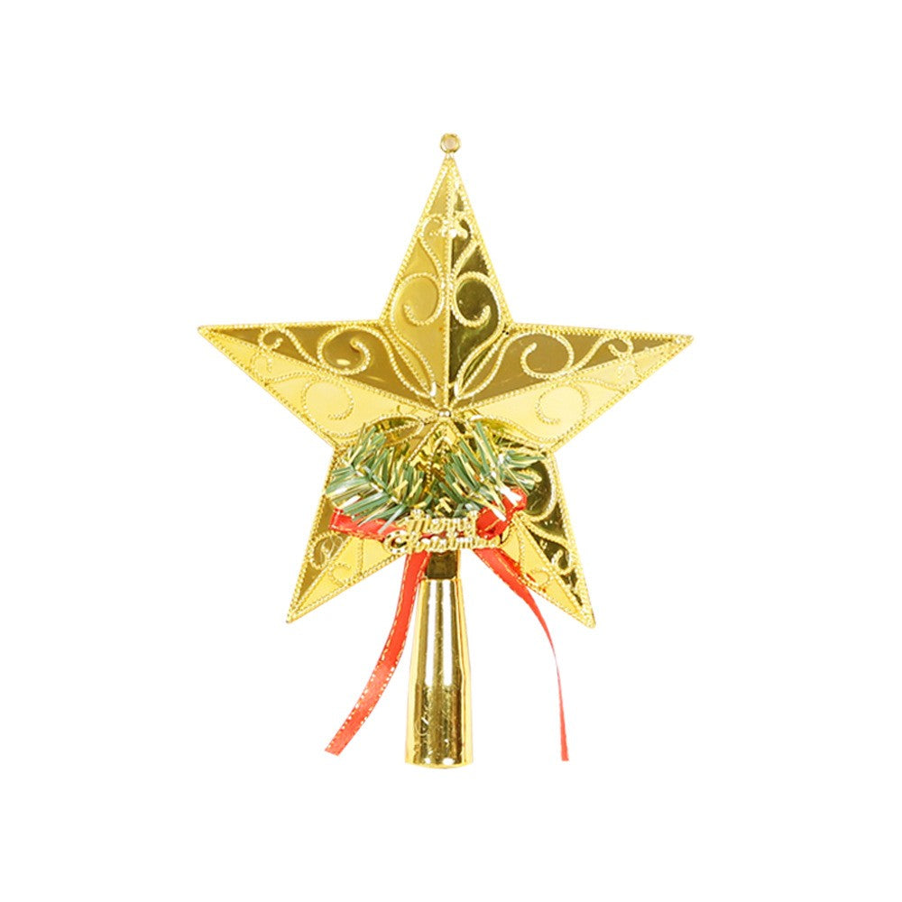 Varf decorativ de brad, Auriu, in forma de Stea, cu decoratiune Merry Christmas, din Plastic, 18.5 x 15 cm,