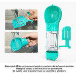 Sticla portabila 4 in 1 Flippy, pentru caini si pisici, cu 3 compartimente + lopetica, 300ml, apa, hrana, pungi
