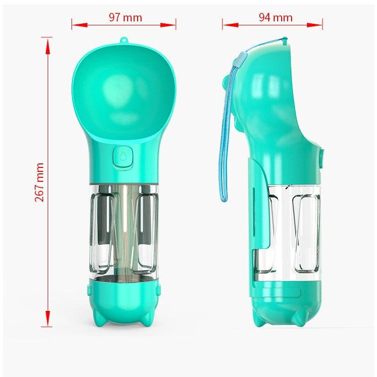 Sticla portabila 4 in 1 Flippy, pentru caini si pisici, cu 3 compartimente + lopetica, 300ml, apa, hrana, pungi