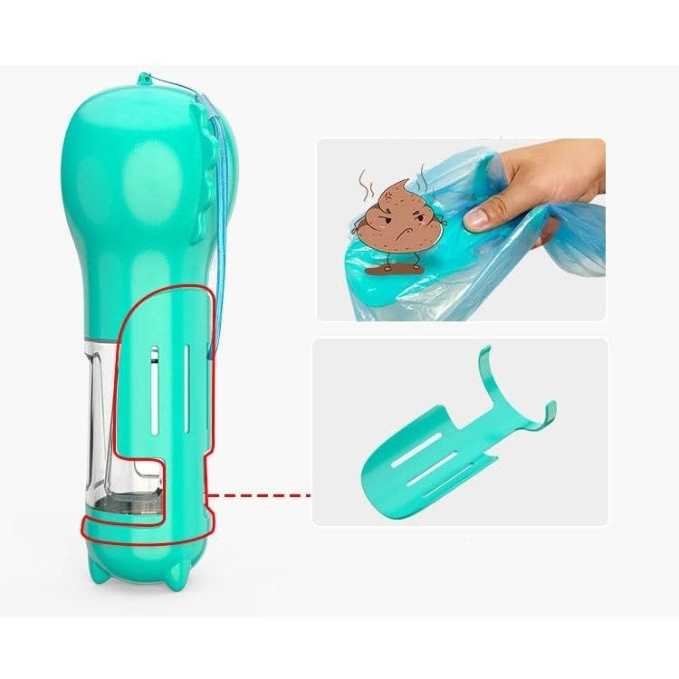 Sticla portabila 4 in 1 Flippy, pentru caini si pisici, cu 3 compartimente + lopetica, 300ml, apa, hrana, pungi