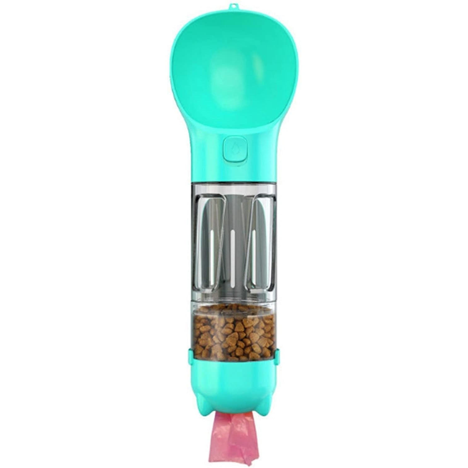 Sticla portabila 4 in 1 Flippy, pentru caini si pisici, cu 3 compartimente + lopetica, 300ml, apa, hrana, pungi