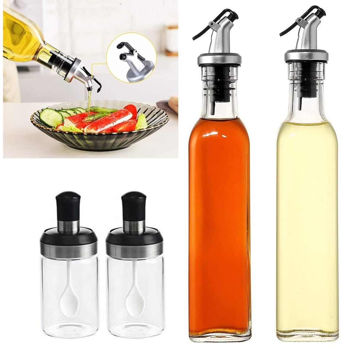 Sticle si Borcane de Ulei de Masline, Flippy, Dozator Set 4 Bucati, 2 Sticle cu Dispenser 500 ml/buc, 2 Borcane pentru