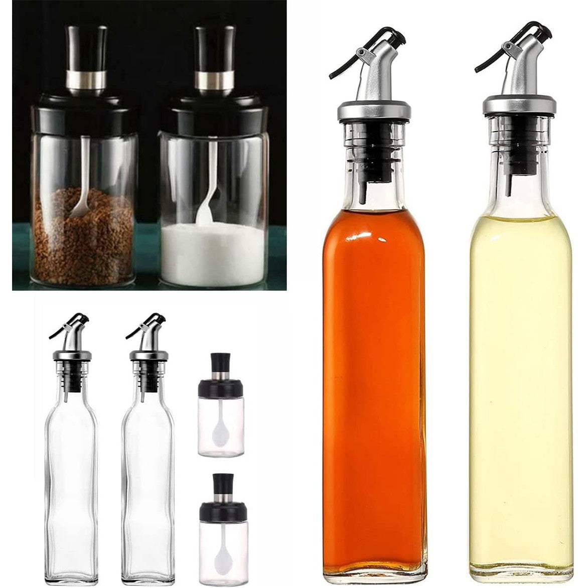Sticle si Borcane de Ulei de Masline, Flippy, Dozator Set 4 Bucati, 2 Sticle cu Dispenser 500 ml/buc, 2 Borcane pentru