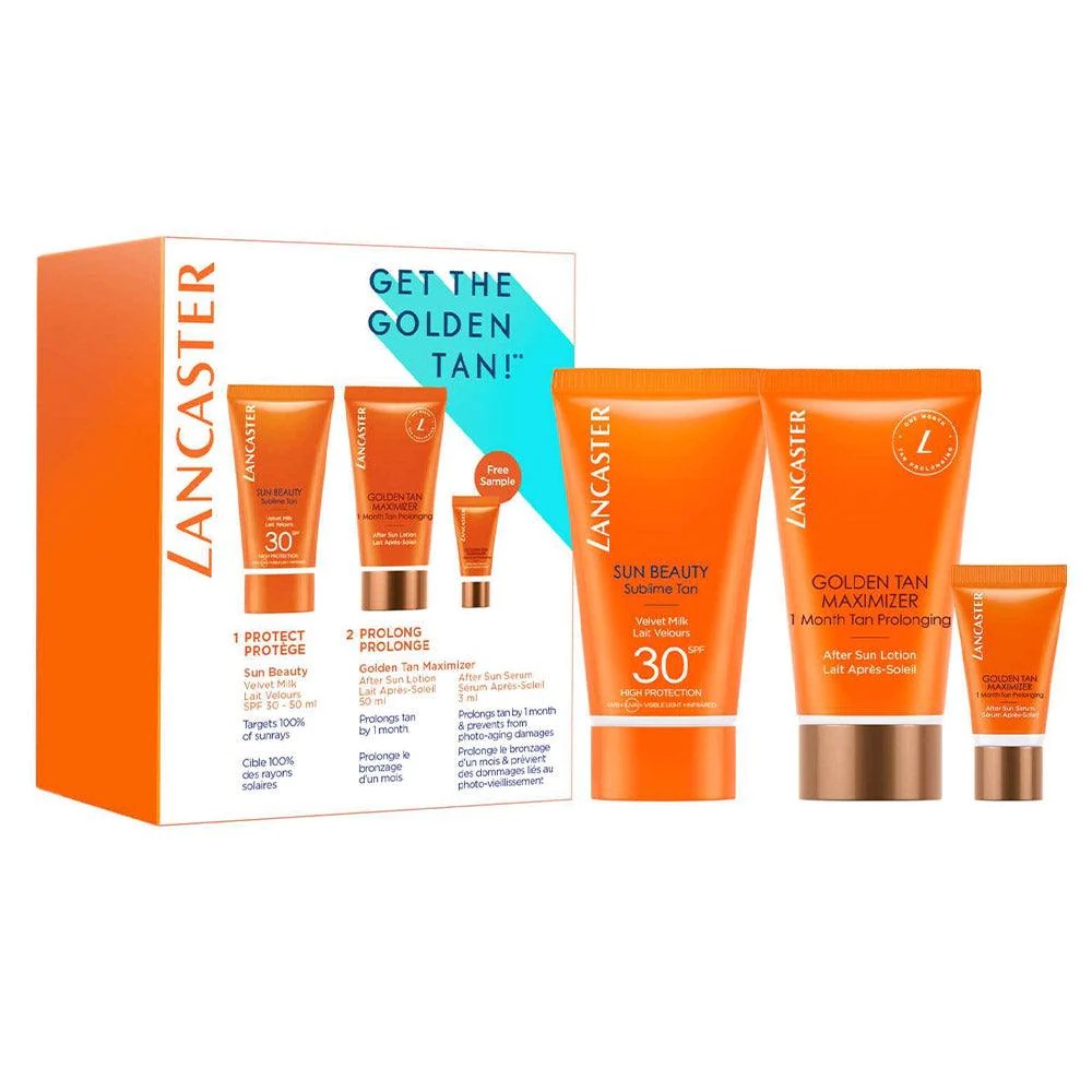 Get The Golden Tan! Set Lancaster: Golden Tan Maximizer, Buriti Oil, Anti-Wrinkle, After-Sun Serum, 3 ml + Golden Tan Maximizer, Hydrating & Soothing, After-Sun Lotion, 15 ml + Sun Beauty, UV Protection, Sunscreen Lotion, SPF 30, 15 ml - Olmarkt