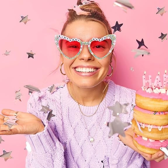 Ochelari Decorativi, Flippy, Model Birthday Queen, cu Diamante, pentru Aniversari, din PC, 15.3 x 5.7 x 14.5 cm, Roz
