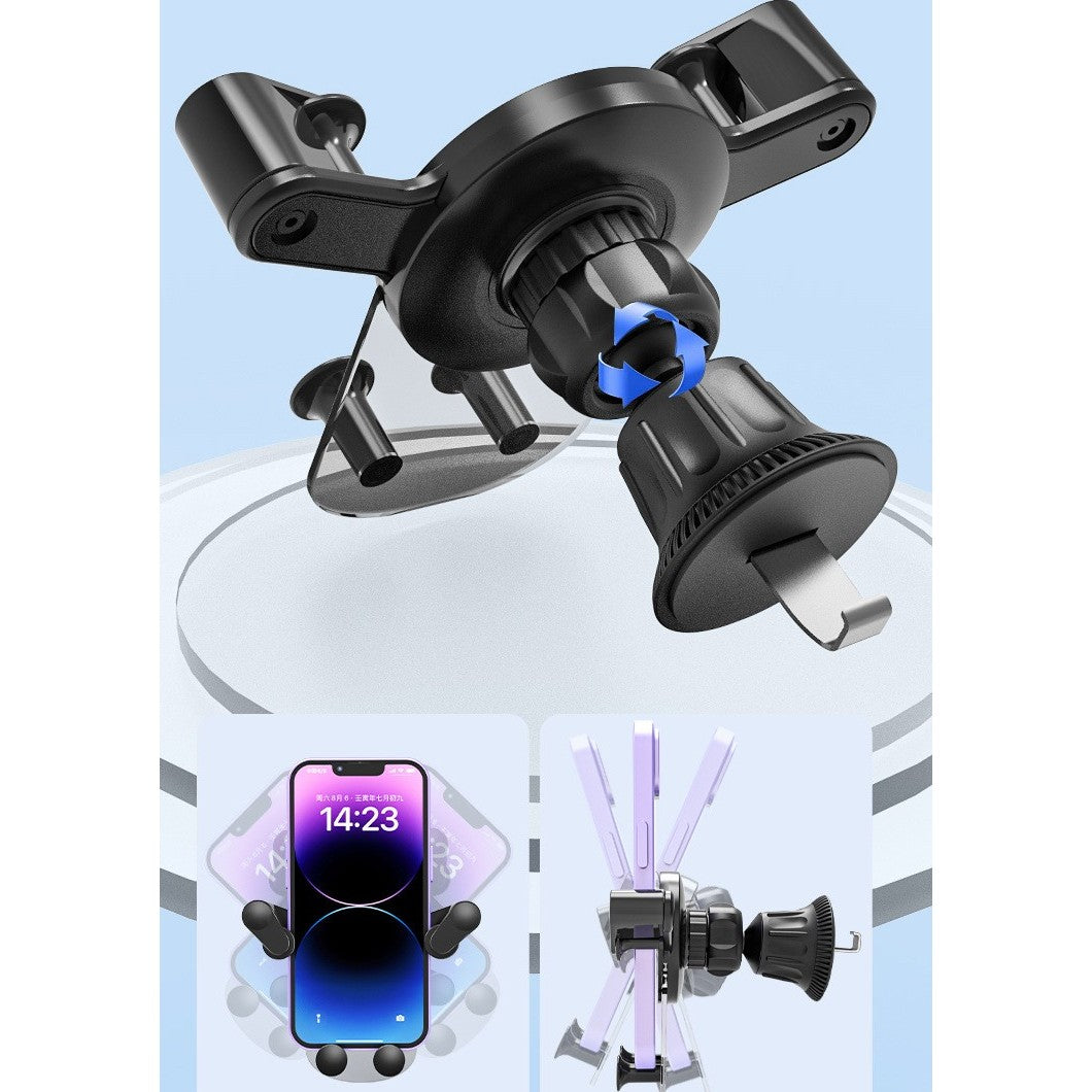 Suport Auto de Telefon, Flippy, pentru Ventilatie, din ABS, cu Clipsuri, Rotativ, 12x9.5x12 cm, Negru-Transparent