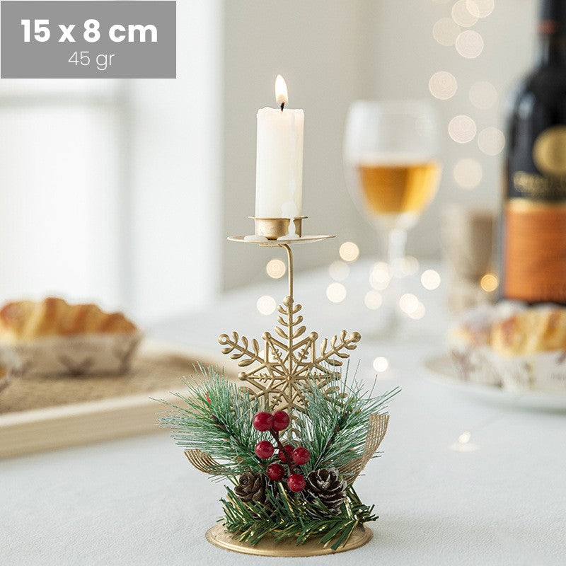 Suport Decorativ pentru Lumanare de Craciun, Flippy, Ornament pentru Lumanare, Model Fulg de Nea Auriu cu Crengute de