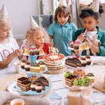 Etajera pentru Prajituri, Flippy, din Carton, 3 Nivele, 16/22/29 cm Diametru, Inaltime 38 cm, Tema Happy Birthday, Roz