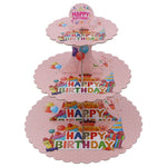 Etajera pentru Prajituri, Flippy, din Carton, 3 Nivele, 16/22/29 cm Diametru, Inaltime 38 cm, Tema Happy Birthday, Roz