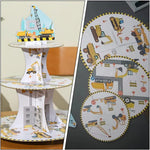 Etajera pentru Prajituri, Flippy, din Carton, 3 Nivele, 16/22/29 cm Diametru, Inaltime 38 cm, Tema Utilaje de Santier,