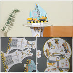 Etajera pentru Prajituri, Flippy, din Carton, 3 Nivele, 16/22/29 cm Diametru, Inaltime 38 cm, Tema Utilaje de Santier,