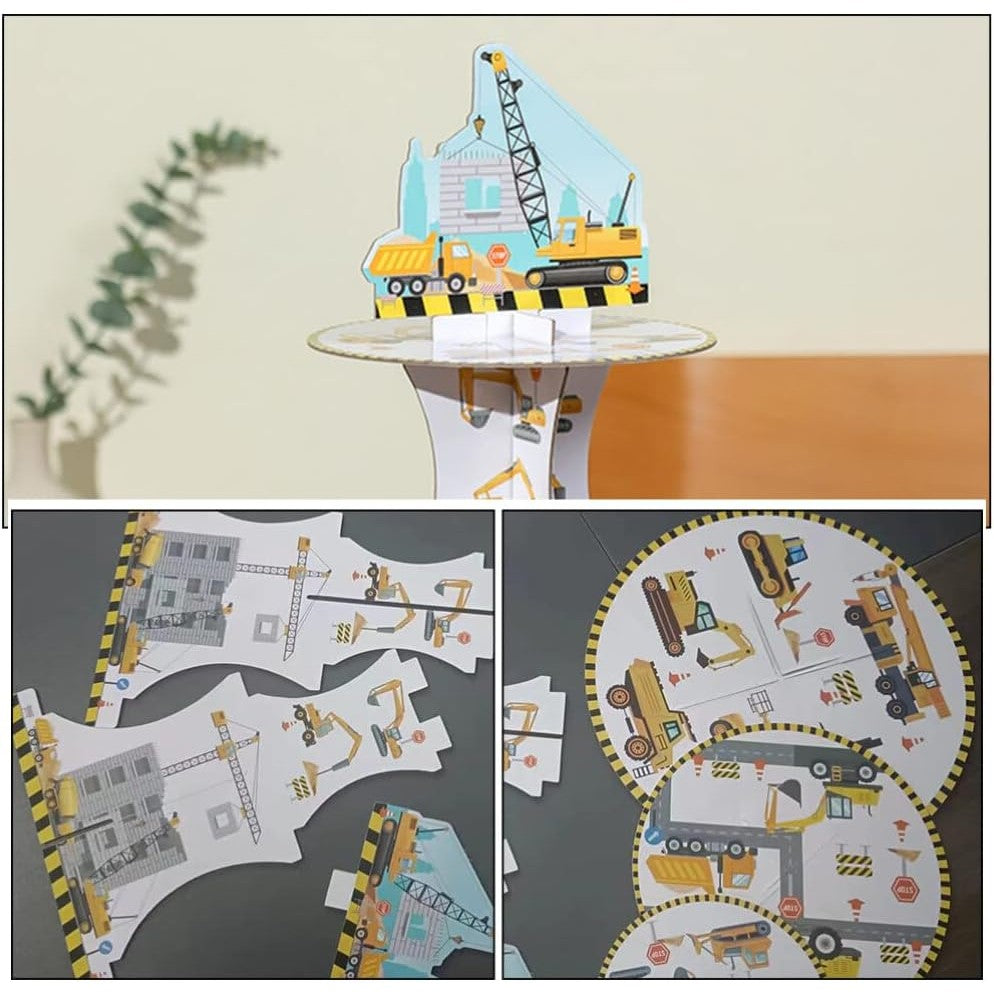 Etajera pentru Prajituri, Flippy, din Carton, 3 Nivele, 16/22/29 cm Diametru, Inaltime 38 cm, Tema Utilaje de Santier,