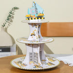 Etajera pentru Prajituri, Flippy, din Carton, 3 Nivele, 16/22/29 cm Diametru, Inaltime 38 cm, Tema Utilaje de Santier,