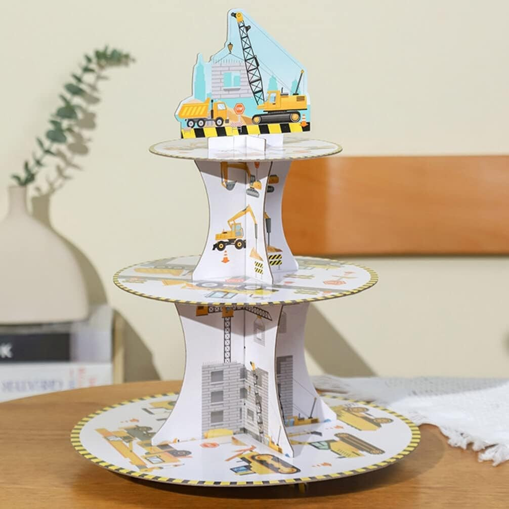 Etajera pentru Prajituri, Flippy, din Carton, 3 Nivele, 16/22/29 cm Diametru, Inaltime 38 cm, Tema Utilaje de Santier,