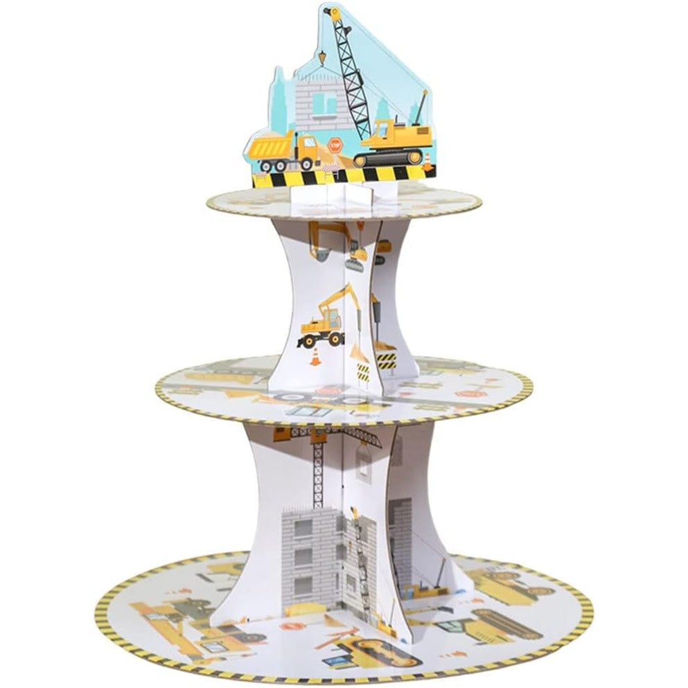 Etajera pentru Prajituri, Flippy, din Carton, 3 Nivele, 16/22/29 cm Diametru, Inaltime 38 cm, Tema Utilaje de Santier,