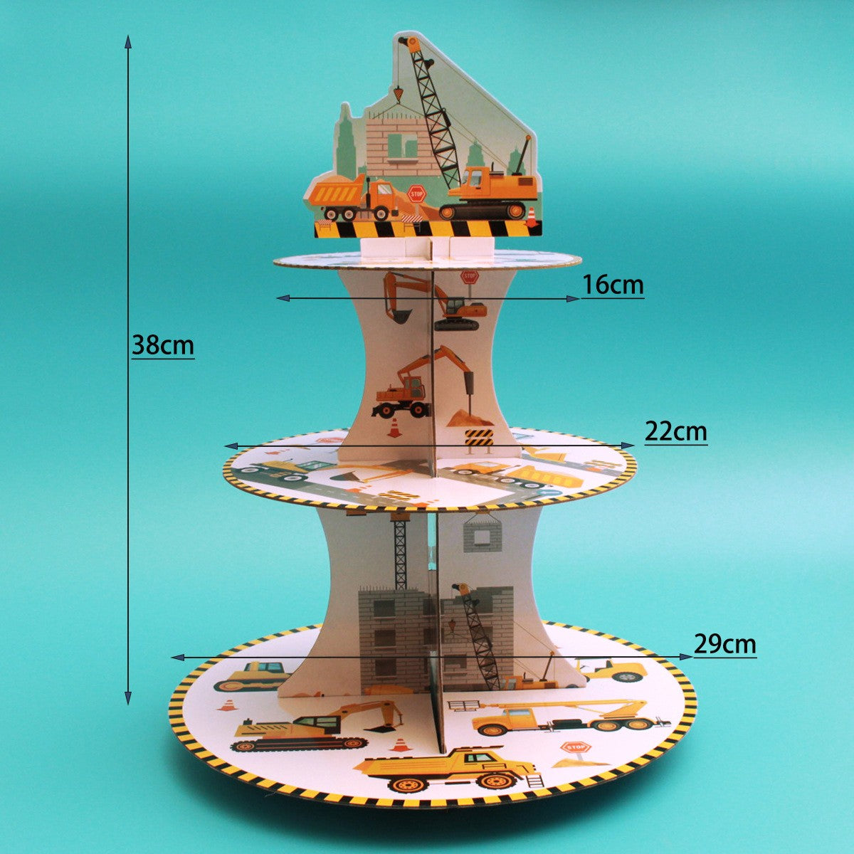 Etajera pentru Prajituri, Flippy, din Carton, 3 Nivele, 16/22/29 cm Diametru, Inaltime 38 cm, Tema Utilaje de Santier,