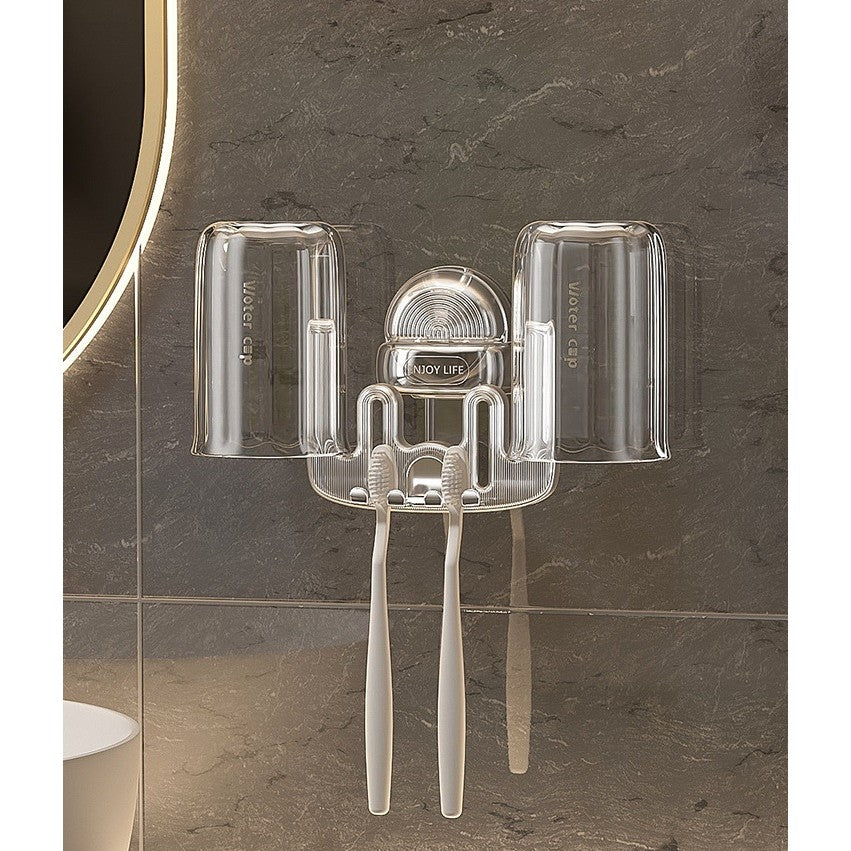 Suport Multifunctional Dublu, Pahar si Suport pentru Periuta de Dinti, Flippy, Plastic, 11 cm x 11.5 cm, Transparent