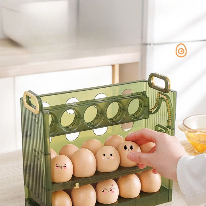 Suport Organizator pentru Oua, Flippy, pentru Frigider, Verde transparent, Capacitate 30 oua, Trei straturi, cu Data de