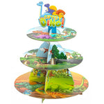 Etajera pentru Prajituri, Flippy, din Carton, 3 Nivele, 16/22/29 cm Diametru, Inaltime 38 cm, Tema Dinozauri Dino,