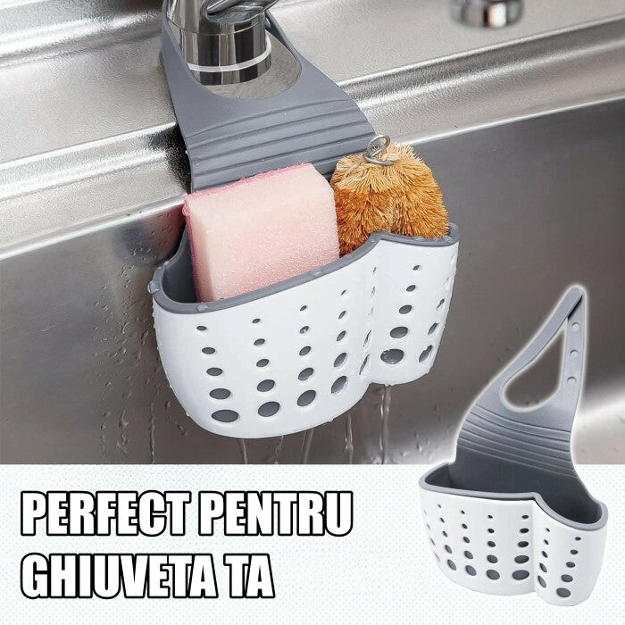 Suport Scurgere pentru Burete si Laveta de Vase Bucatarie, Flippy, Albastru, Curea Reglabila, Plastic Flexibil, 15x 5x