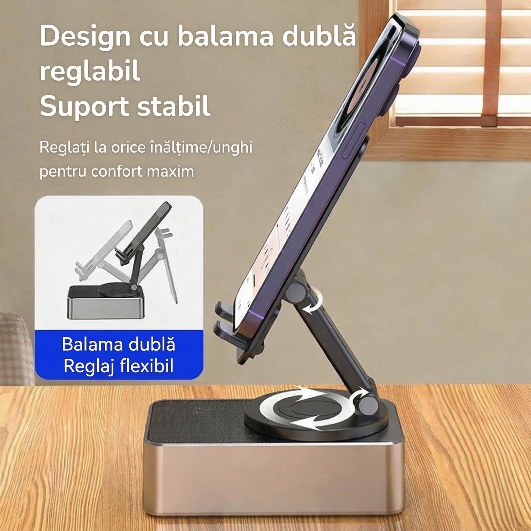 Suport Telefon cu Boxa Bluetooth, Flippy, Wireless, Rotativ 360°, Pliabil, 5 W, Acumulator 1500 mAh, USB Type-C, 12,2 x