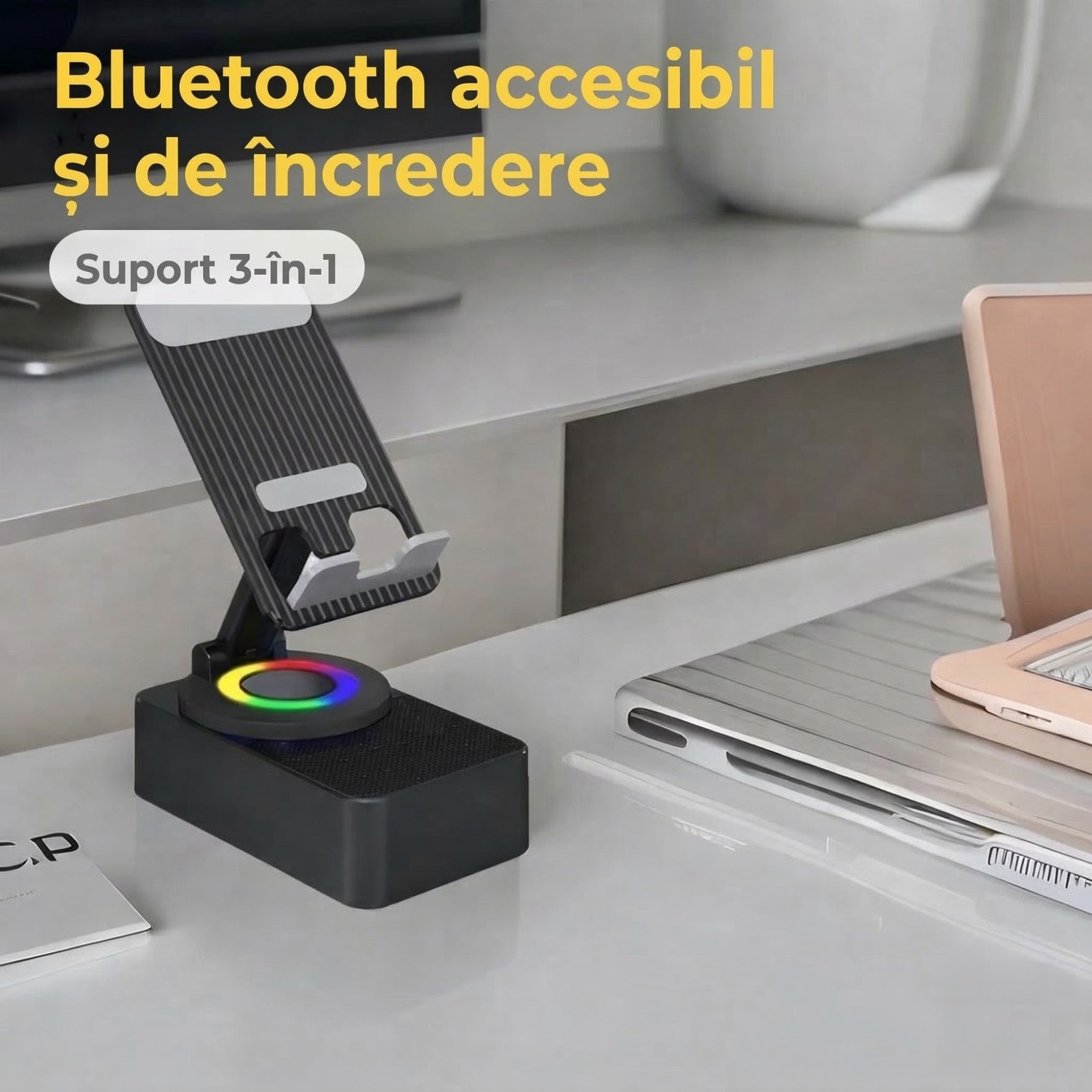Suport Telefon cu Boxa Bluetooth, Flippy, Wireless, Rotativ 360°, Pliabil, 5 W, Acumulator 1500 mAh, USB Type-C, 12,2 x