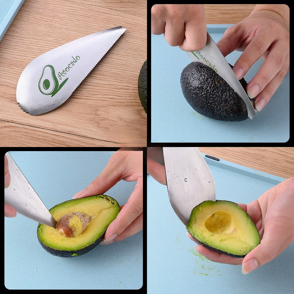 Taietor special pentru avocado Flippy, 3 in 1, forma curbata, zimti pentru apucare si taiere, din otel inoxidabil, 15 x