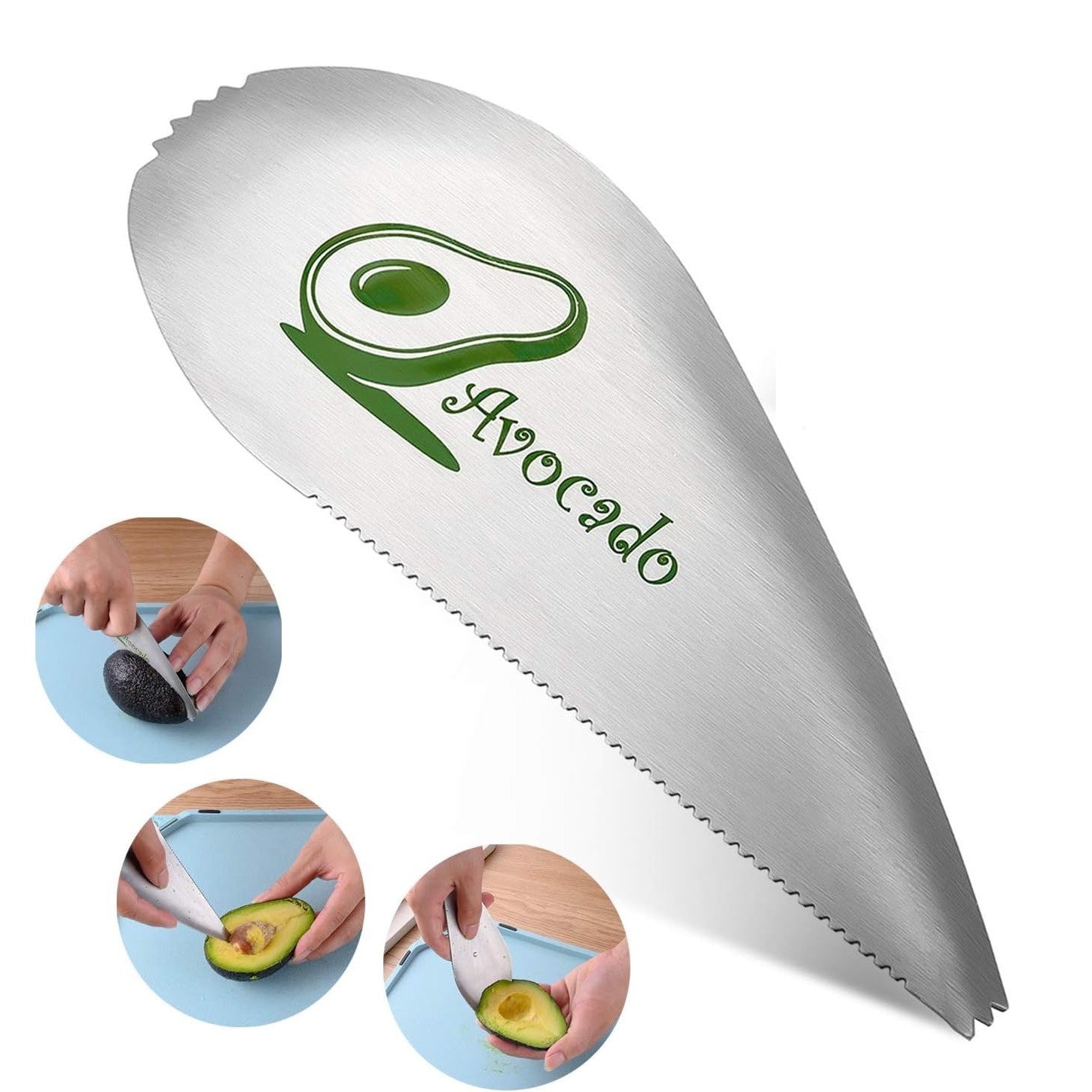 Taietor special pentru avocado Flippy, 3 in 1, forma curbata, zimti pentru apucare si taiere, din otel inoxidabil, 15 x