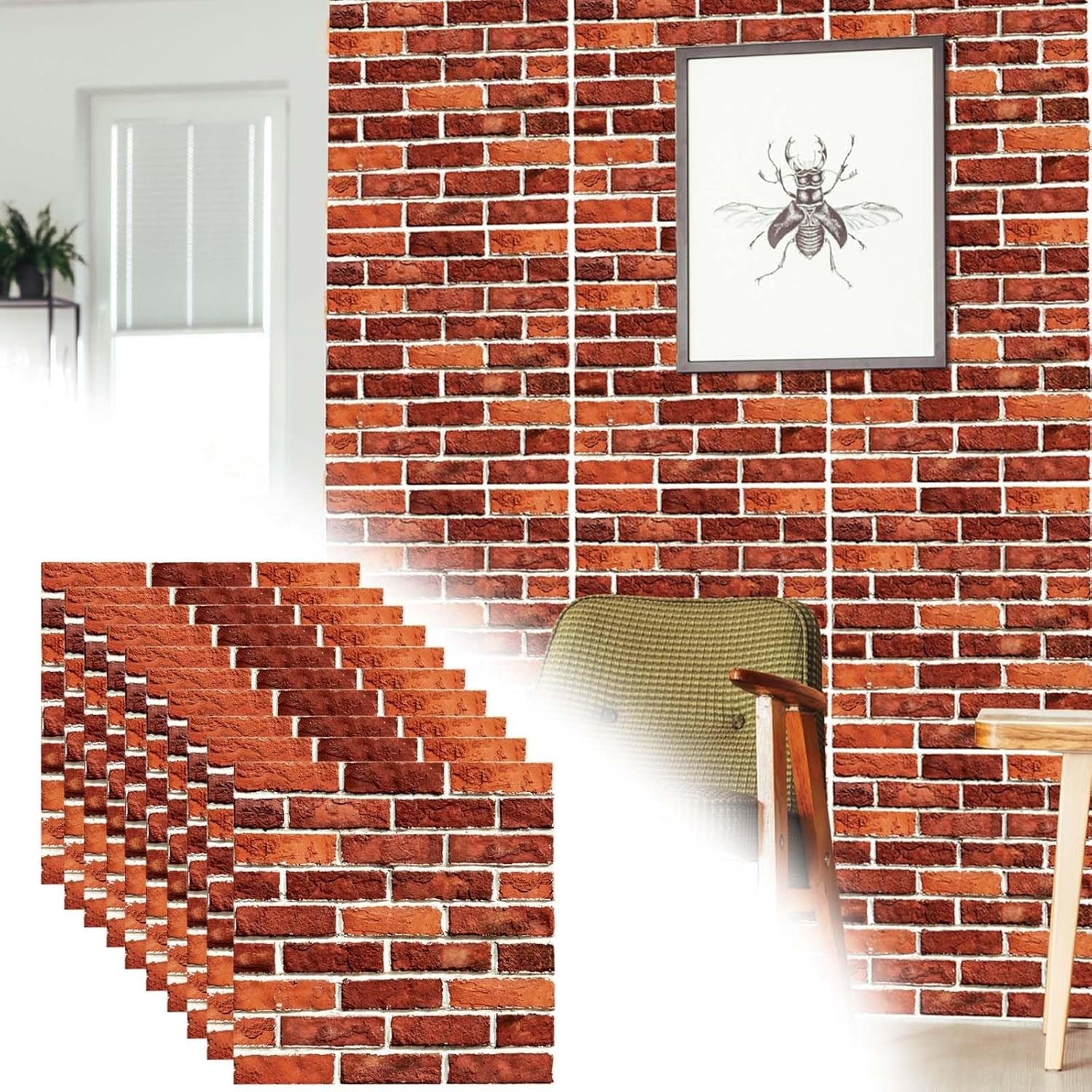 10 x Placi Tapet Autocolant 3D cu Imitatie de Caramida, pentru Perete Bucatarie Sufragerie, Usor de Curatat, Rezistent