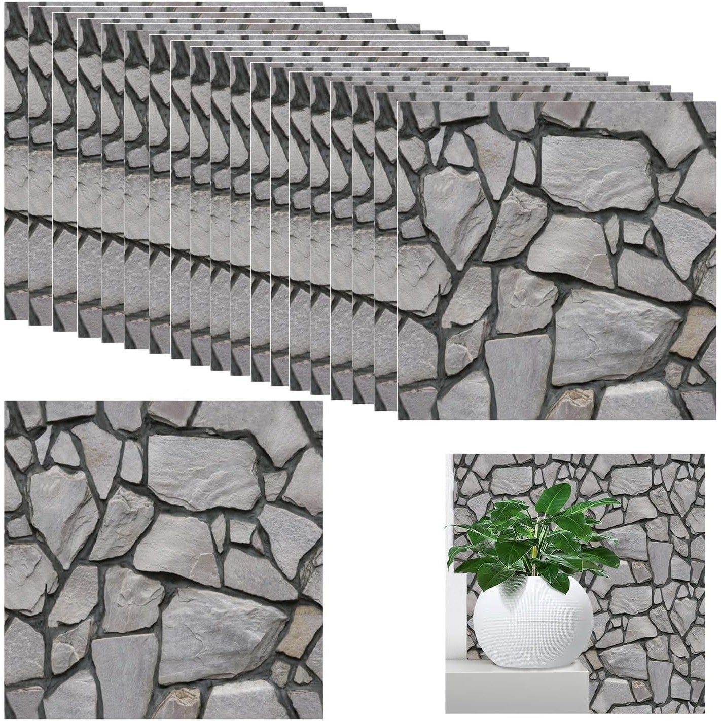 Set 10 x Placi Tapet Autocolant 3D cu Imitatie de Pietre, pentru Perete Bucatarie Sufragerie, Usor de Curatat,