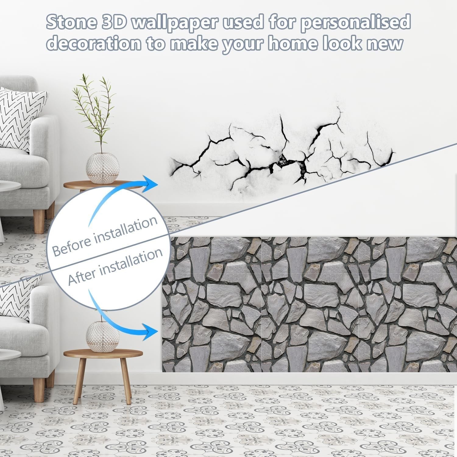 Set 10 x Placi Tapet Autocolant 3D cu Imitatie de Pietre, pentru Perete Bucatarie Sufragerie, Usor de Curatat,